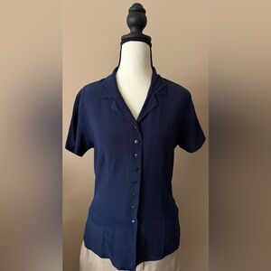 Casual Corner 100% Silk Classic Navy Women's Button-Down Shirt Size S